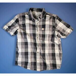Carhartt Mens Large Relaxed Fit Plaid Button Up Shirt Gray Black Short Sleeve